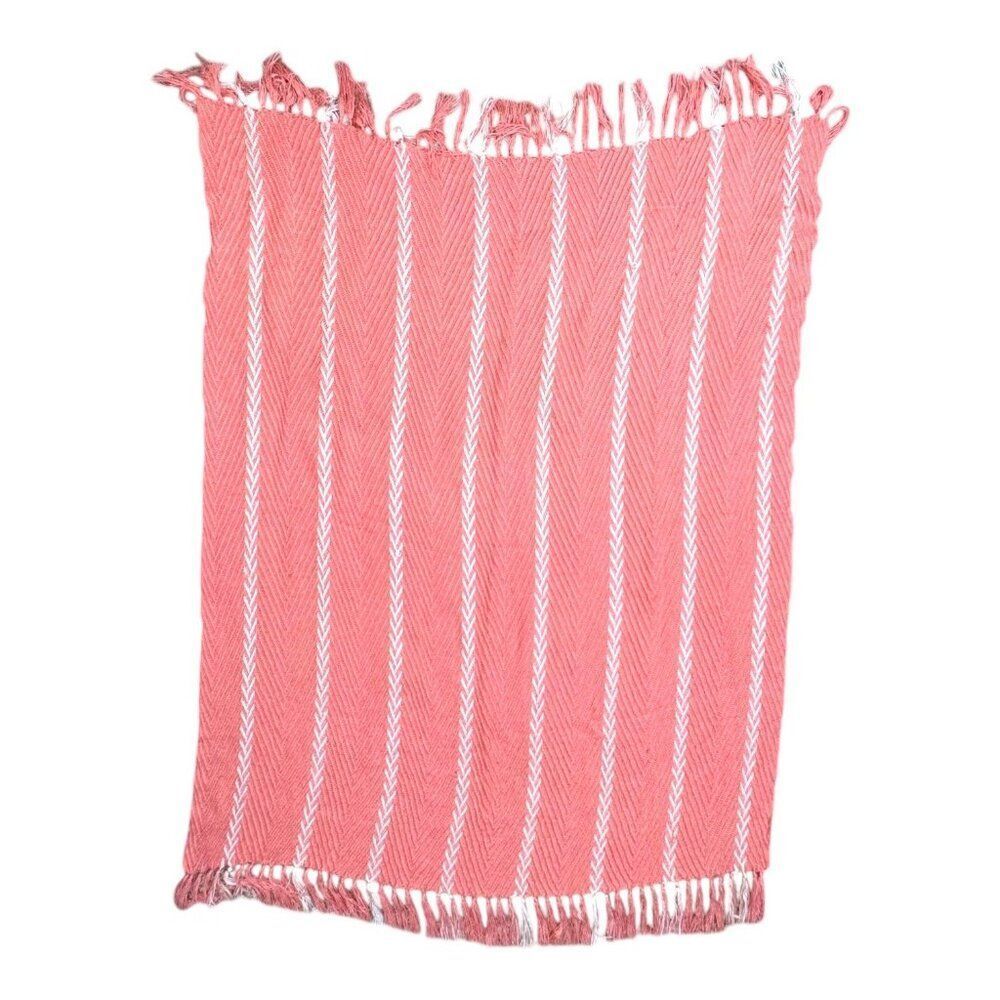 Max Studio Home Coral & White Striped Throw Blanket With Fringe 47.5" X 66.5"